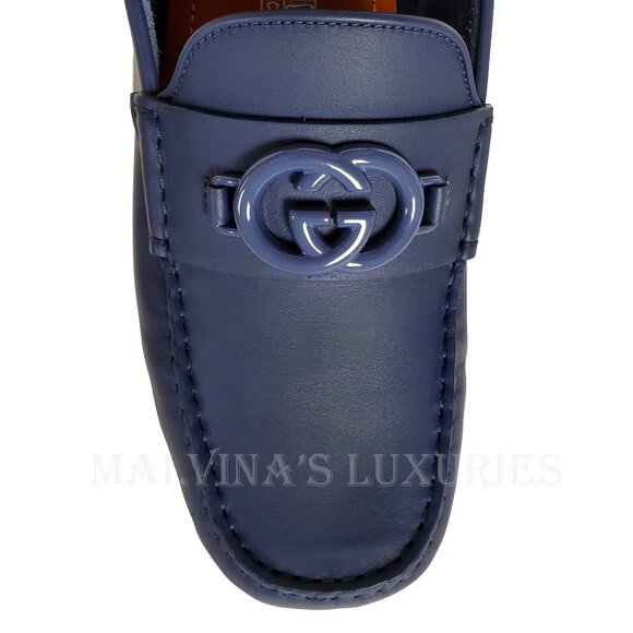 GUCCI SHOES MENS LOAFERS MOCCASINS G LOGO BLUE LEATHER - Picture 10 of 16